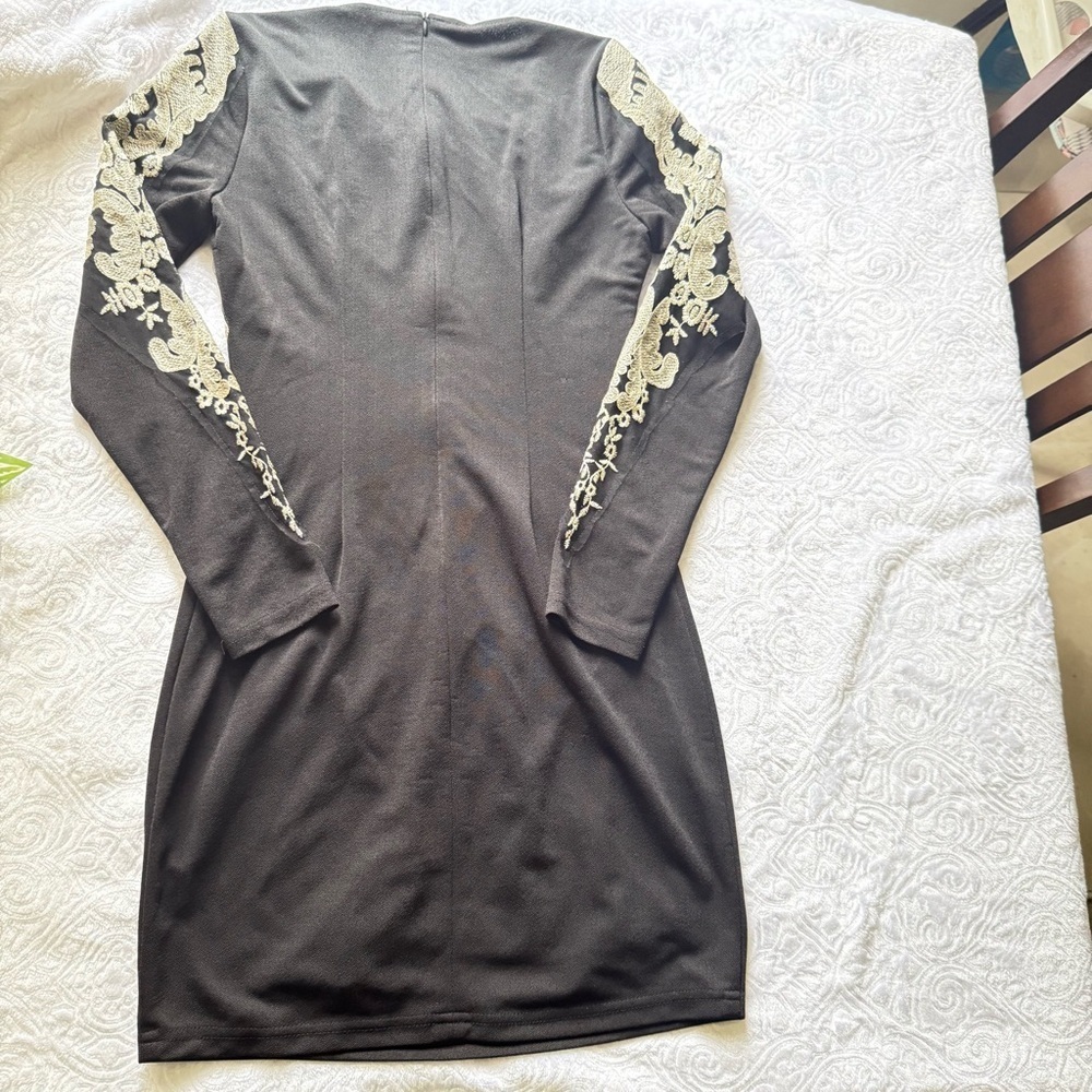 Gianni Bini Black Dress Gold Embroidered Lace Long Sleeve XS - Picture 5 of 8